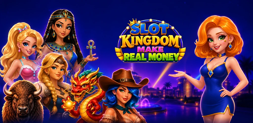 Slot Kingdom characters and the Slot Kingdom — Make Real Money game logo